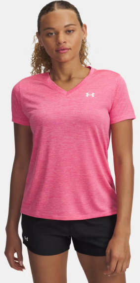Under Armour Women's Tech™ Twist V-Neck Short Sleeve- Super Pink/ White (672)