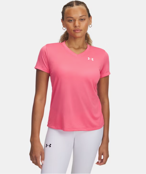 Under Armour Women's Tech™ V-Neck Short Sleeve-Super Pink/White (672)