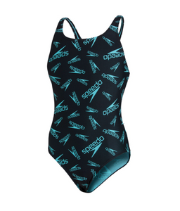 Speedo Women's Boom Logo Allover Medalist Swimsuit - Black/Blue